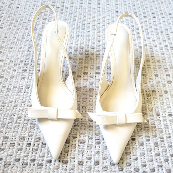 ZARA Womens 6.5/7 White Bow Patent Leather Slingback Heels Pointed Toe Shoes - Picture 1 of 10
